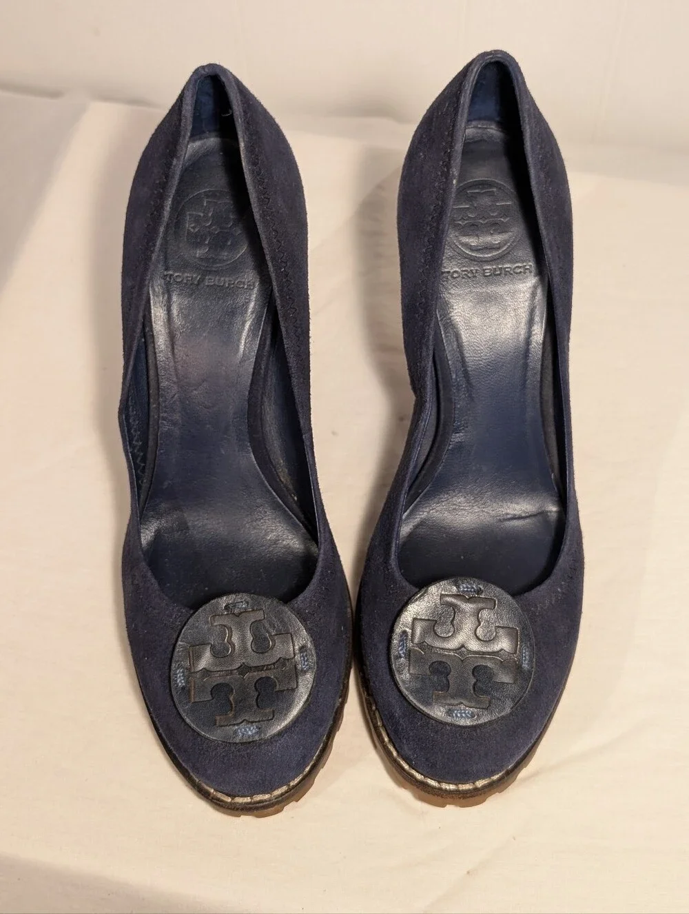 Tory Burch Navy Suede Block Heel Pumps